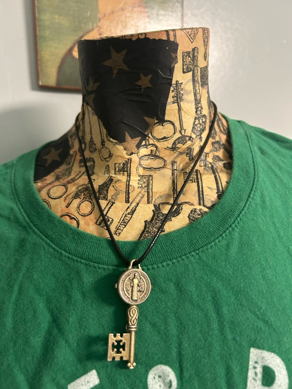 Hand Crafted Gold Tone Key Pendant Necklace on Black Cord